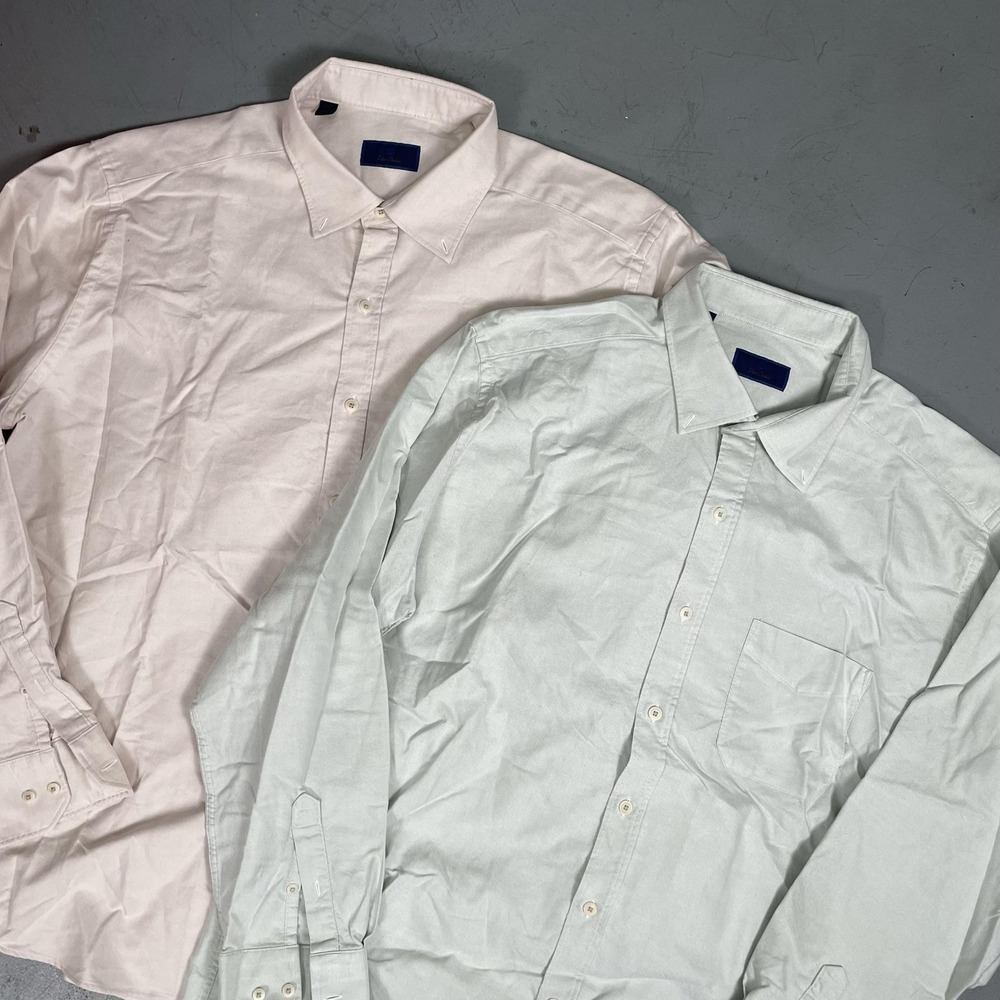 David Donahue Dress Shirt Mens XL Green Tan Solid Cotton Long Sleeve Lot 2